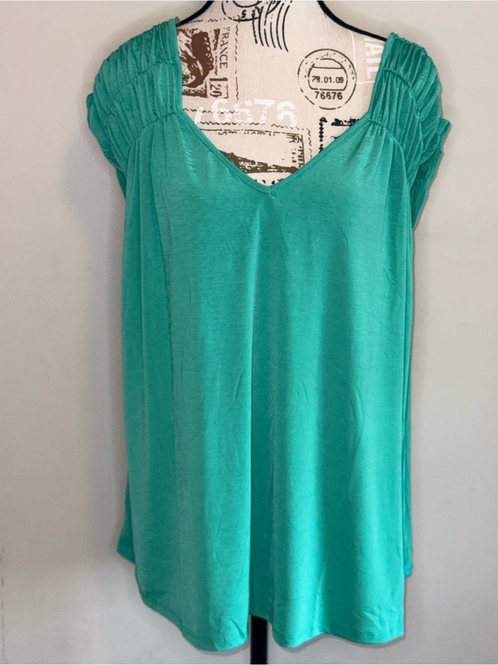 NWT-Dear Scarlett Women's Teal V-Neck Gathered Cap Sleeve Top-Sizes XL, 2XL,3XL